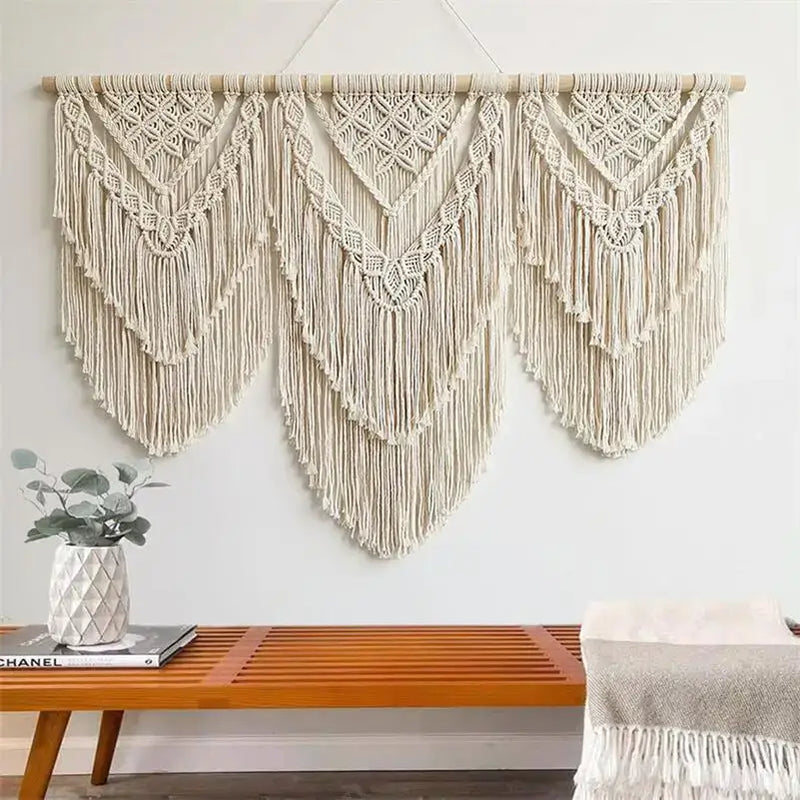 Boho cream macrame wall hanging tapestry bedroom geometric fringe