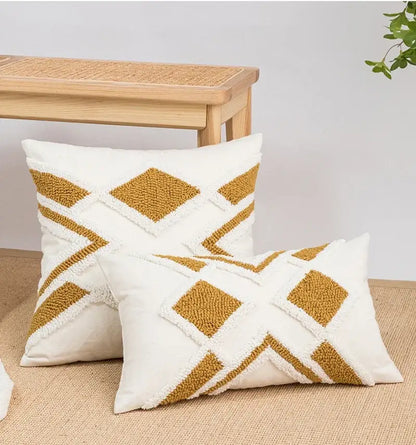 Boho cream & tan geometric tufted fringe cushion cover living room