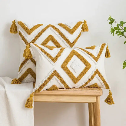 Boho cream & tan geometric tufted fringe cushion cover living room