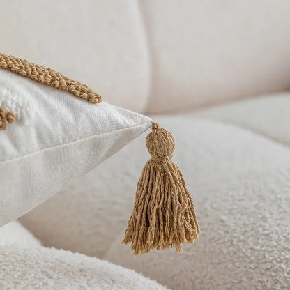 Boho cream & tan geometric tufted fringe cushion cover living room