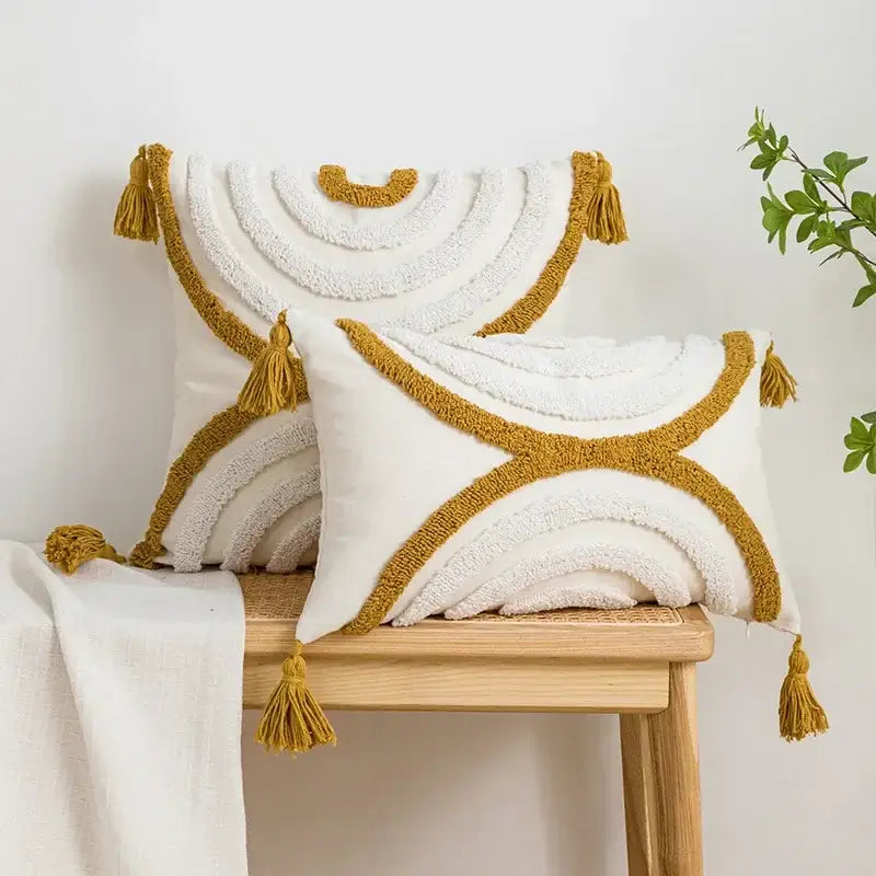 Boho cream & tan geometric tufted fringe cushion cover living room