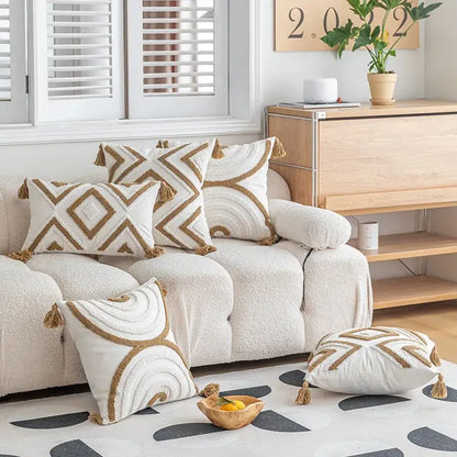 Boho cream & tan geometric tufted fringe cushion cover living room