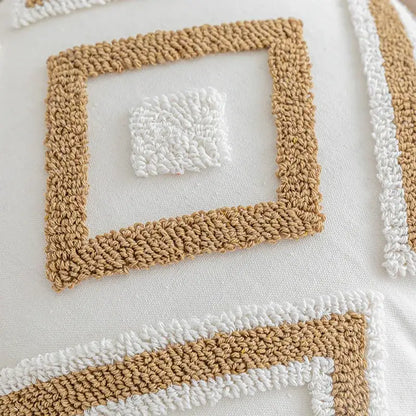 Boho cream & tan geometric tufted fringe cushion cover living room