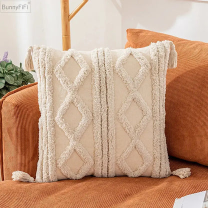 Boho cream textured cotton pillow cover living room tassel decor