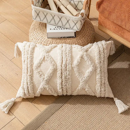 Boho cream textured cotton pillow cover living room tassel decor