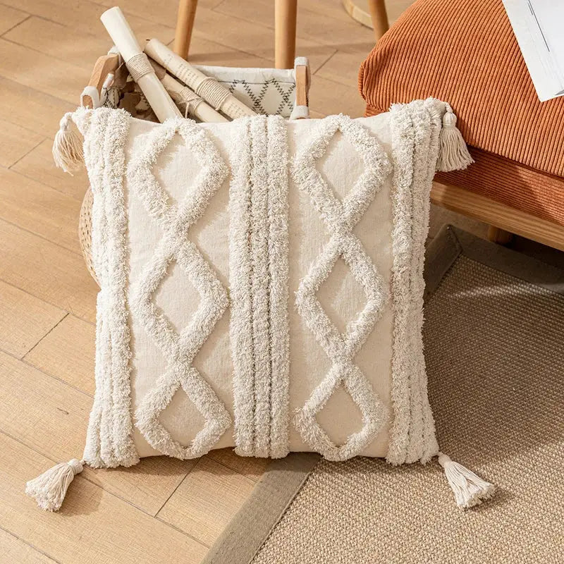 Boho cream textured cotton pillow cover living room tassel decor