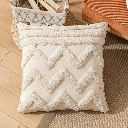 Boho cream textured cotton pillow cover living room tassel decor
