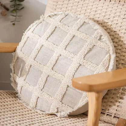 Boho cream textured round lumbar pillow cover set bedroom tassels