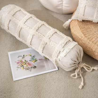 Boho cream textured round lumbar pillow cover set bedroom tassels