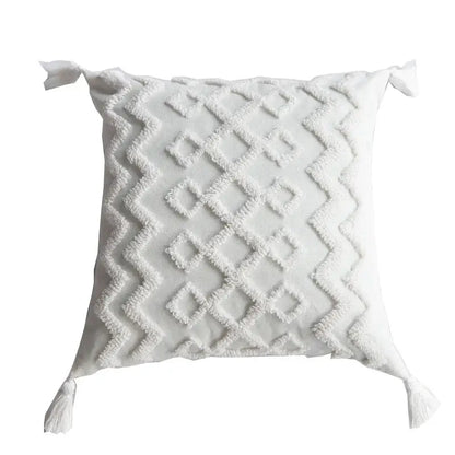 Boho cream textured round lumbar pillow cover set bedroom tassels
