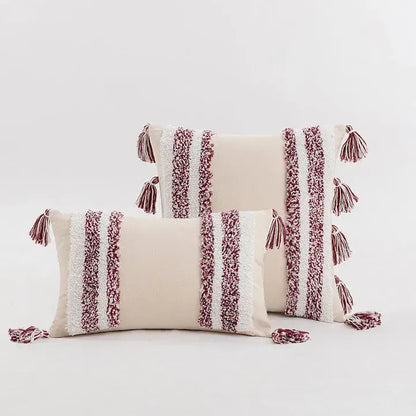 Boho cream tufted cushion cover with tassels for living room