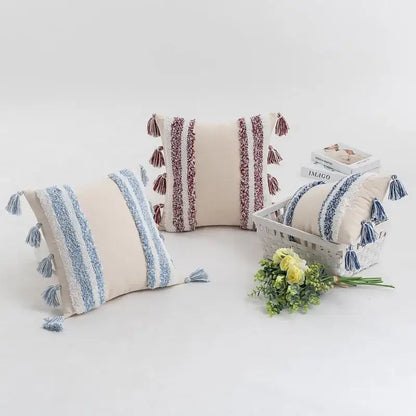 Boho cream tufted cushion cover with tassels for living room