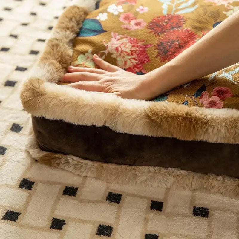 Boho dark floral square seat cushions with gray faux fur trim dining room