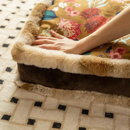 Boho dark floral square seat cushions with gray faux fur trim dining room