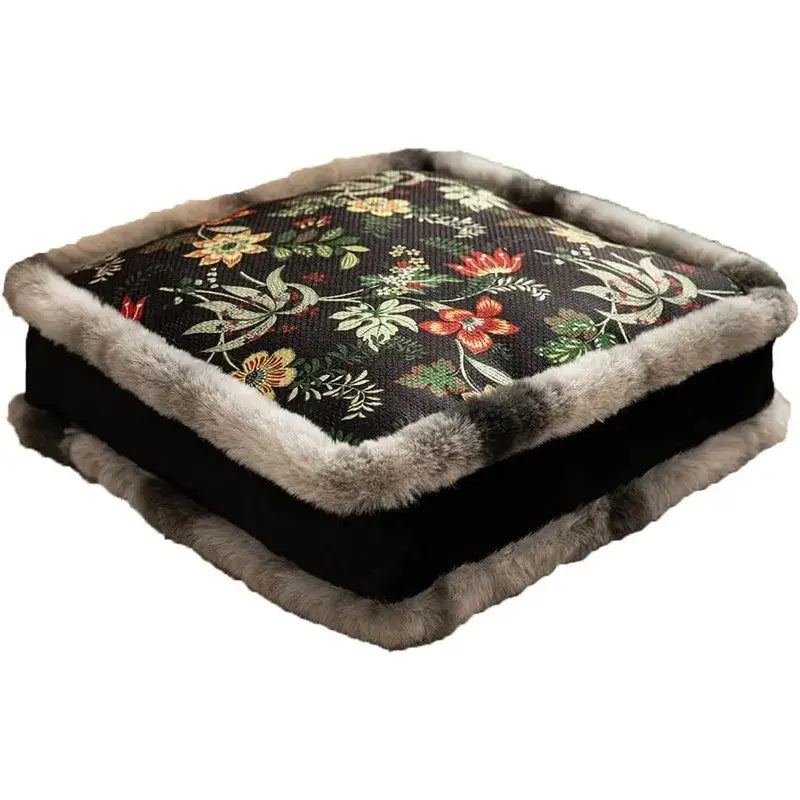 Boho dark floral square seat cushions with gray faux fur trim dining room