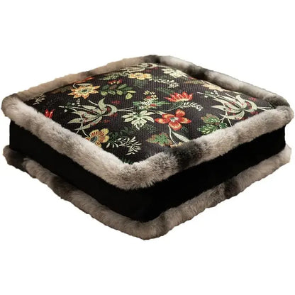 Boho dark floral square seat cushions with gray faux fur trim dining room