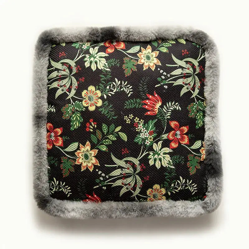 Boho dark floral square seat cushions with gray faux fur trim dining room
