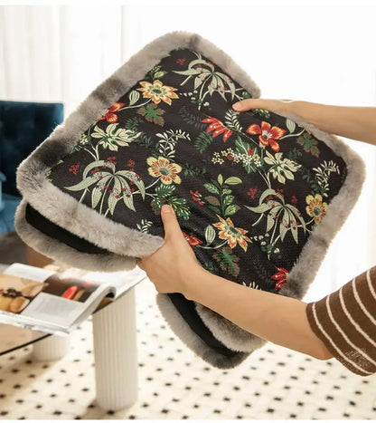 Boho dark floral square seat cushions with gray faux fur trim dining room