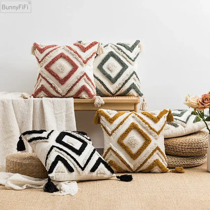 Boho diamond cushion covers – living room earthy tassel pillows