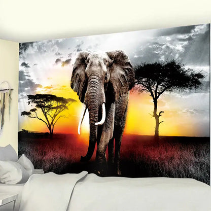 Boho elephant mandala tapestry orange and gray living room wall art