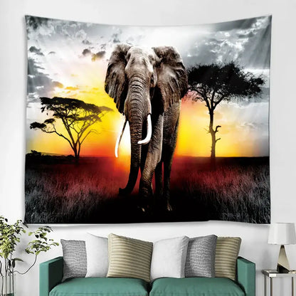 Boho elephant mandala tapestry orange and gray living room wall art