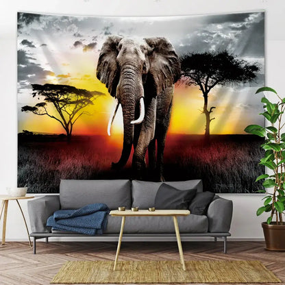 Boho elephant mandala tapestry orange and gray living room wall art