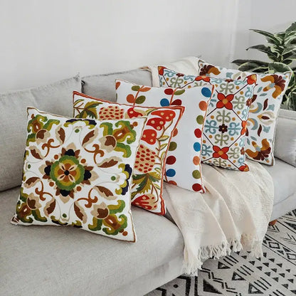 Boho farmhouse floral cream embroidered pillow covers living room