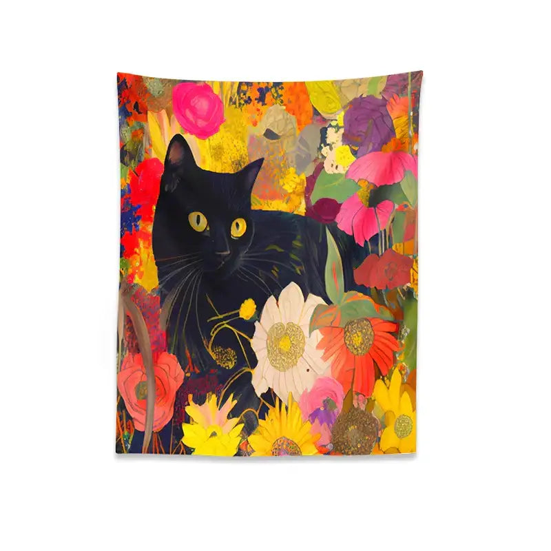 Boho floral black cat print poster living room wall art