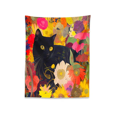 Boho floral black cat print poster living room wall art
