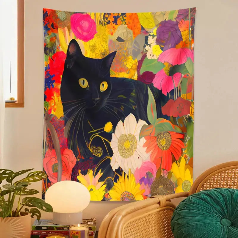 Boho floral black cat print poster living room wall art