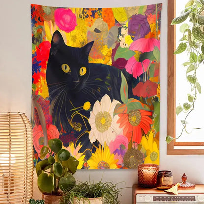 Boho floral black cat print poster living room wall art