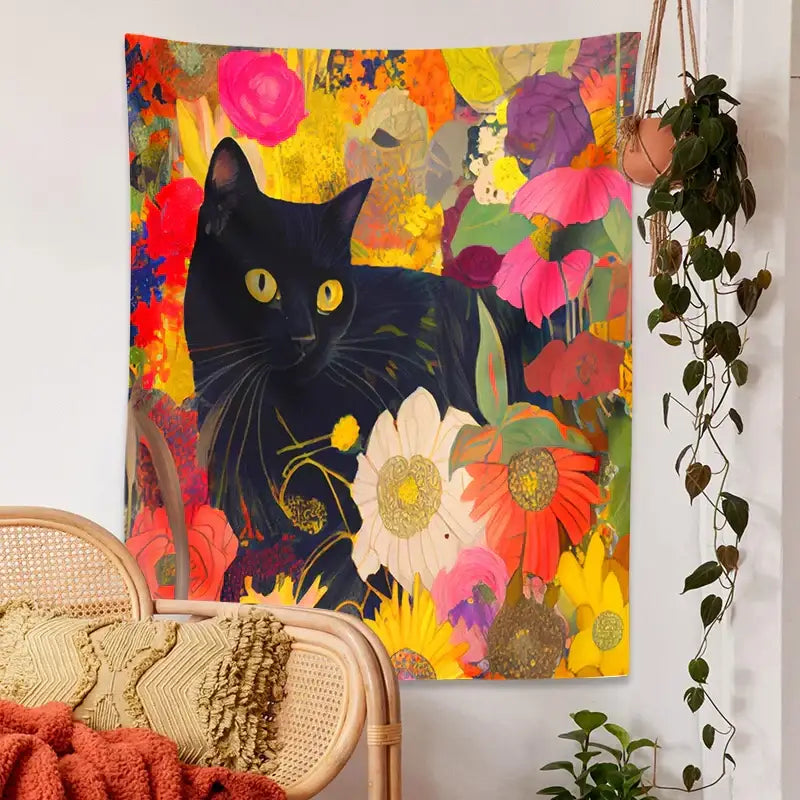 Boho floral black cat print poster living room wall art