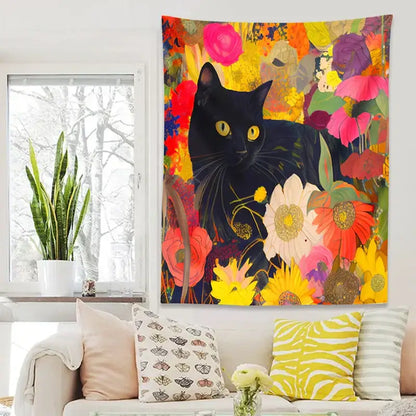 Boho floral black cat print poster living room wall art