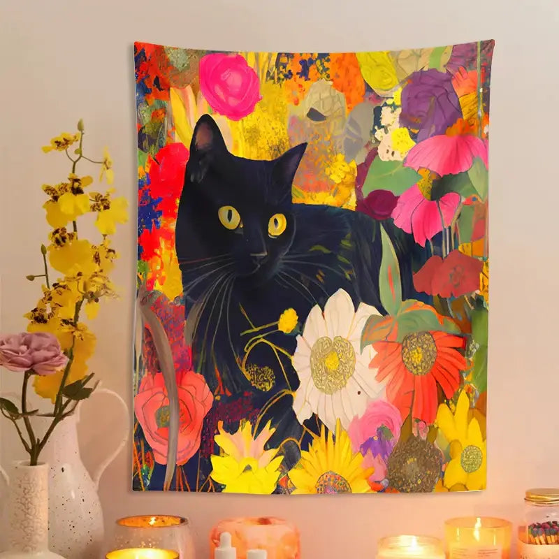 Boho floral black cat print poster living room wall art