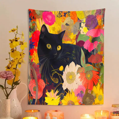 Boho floral black cat print poster living room wall art