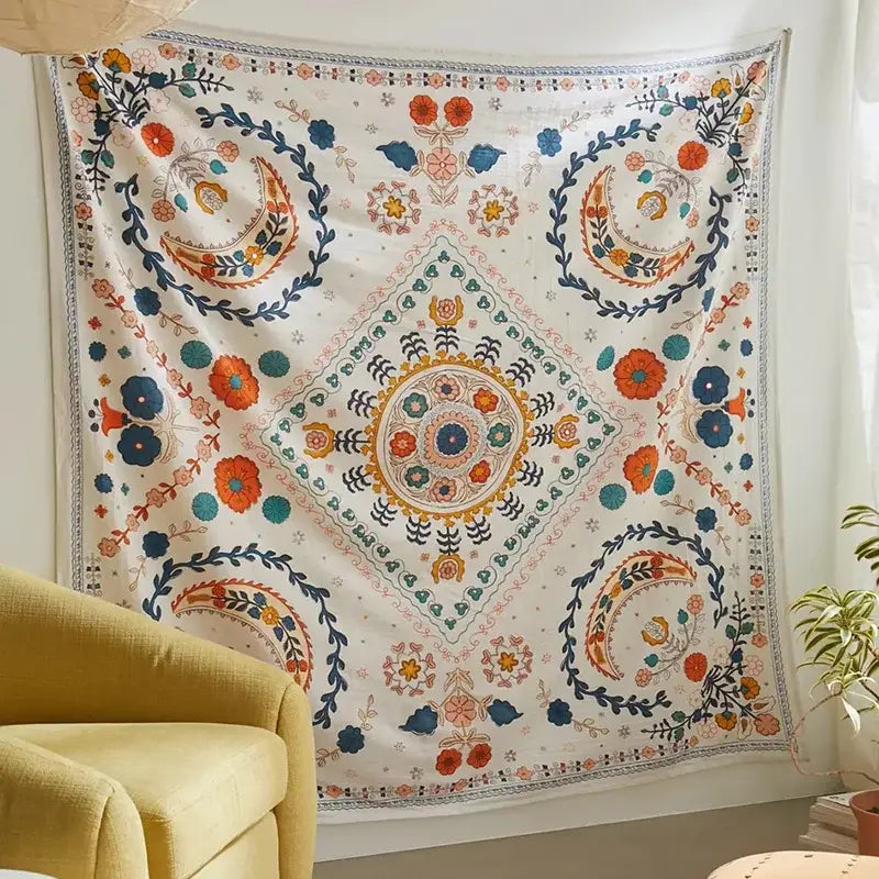 Boho floral celestial wall tapestry bedroom orange & blue decor
