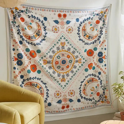 Boho floral celestial wall tapestry bedroom orange & blue decor