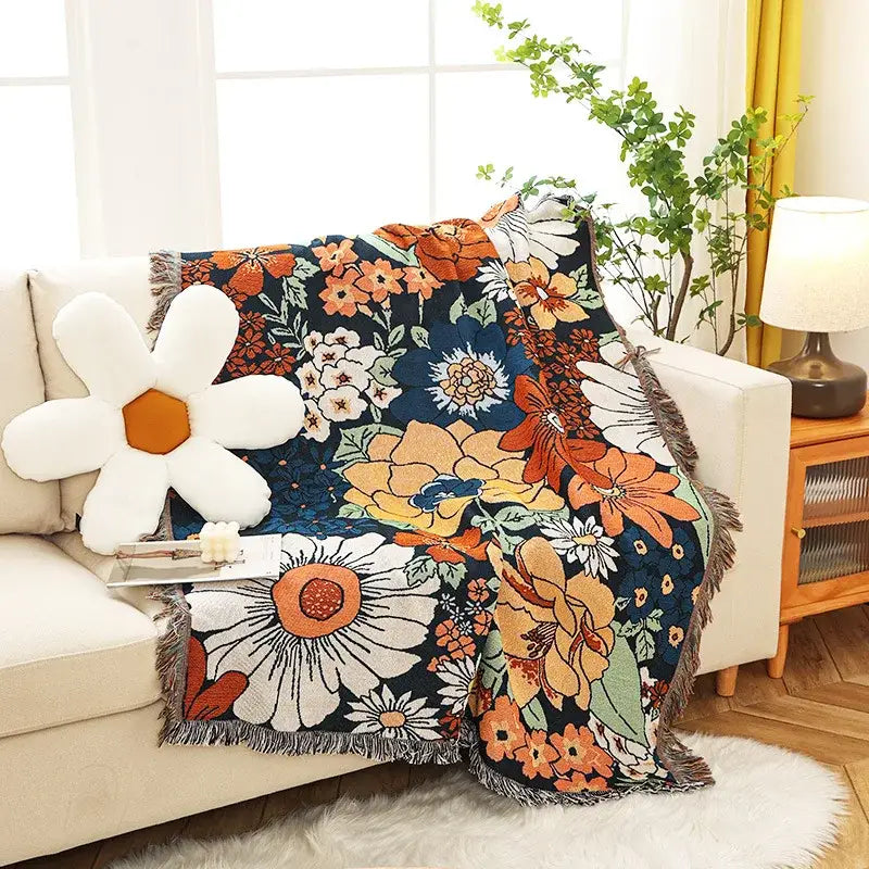 Boho floral cotton blanket navy blue & orange living room throw
