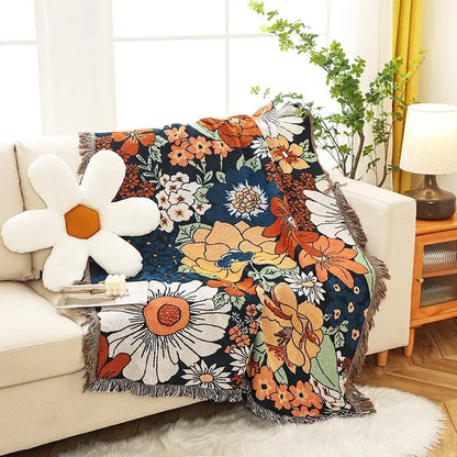 Boho floral cotton blanket navy blue & orange living room throw