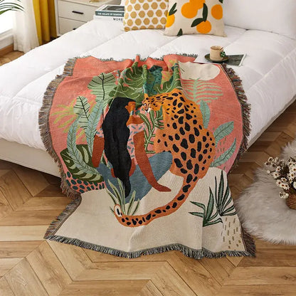 Boho floral cotton blanket navy blue & orange living room throw