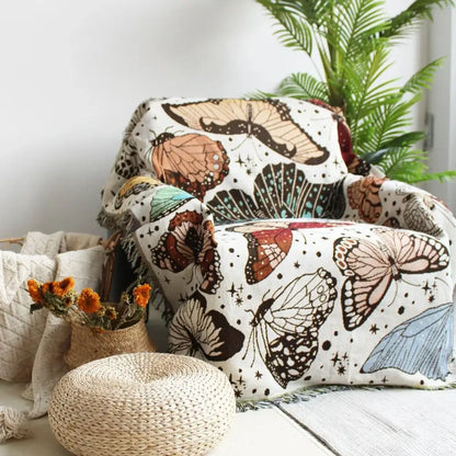 Boho floral cotton blanket navy blue & orange living room throw