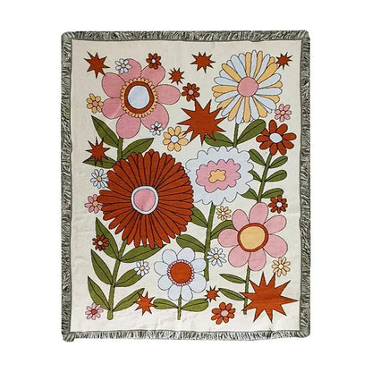 Boho floral cotton blanket navy blue & orange living room throw