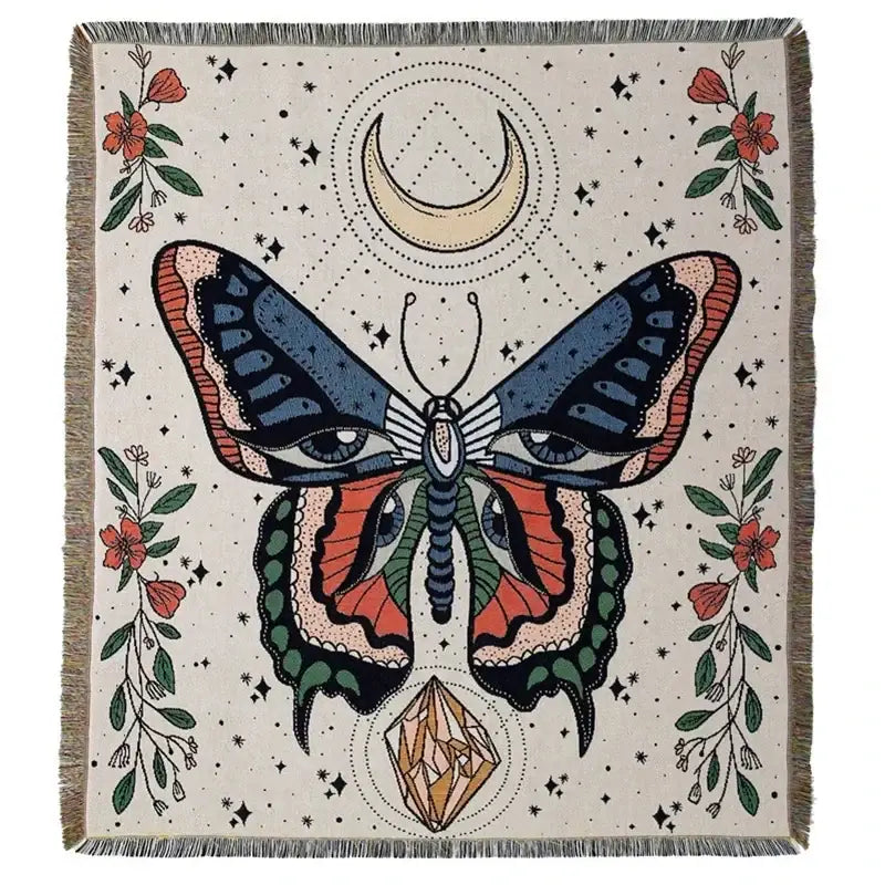 Boho floral cotton blanket navy blue & orange living room throw