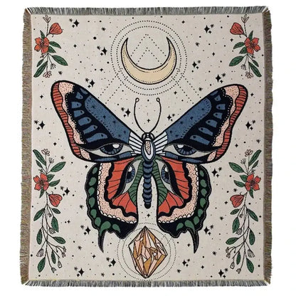 Boho floral cotton blanket navy blue & orange living room throw