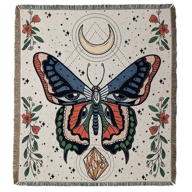 Boho floral cotton blanket navy blue & orange living room throw