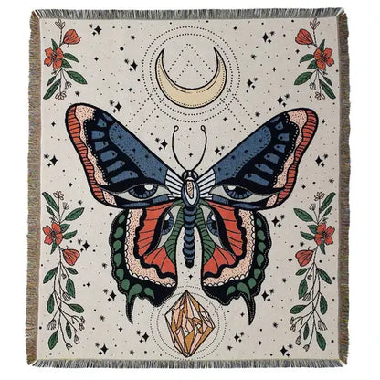 Boho floral cotton blanket navy blue & orange living room throw
