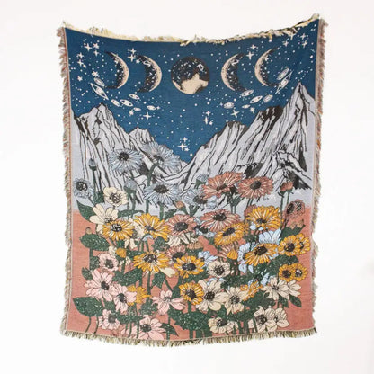 Boho floral cotton blanket navy blue & orange living room throw