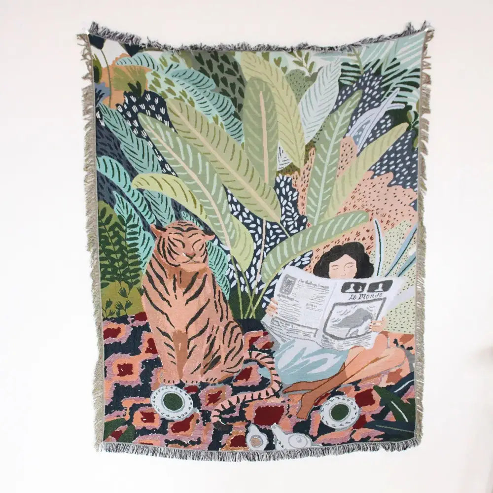 Boho floral cotton blanket navy blue & orange living room throw