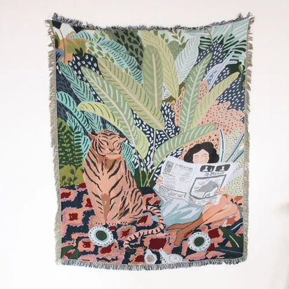 Boho floral cotton blanket navy blue & orange living room throw