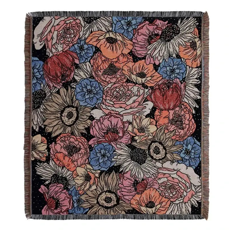 Boho floral cotton blanket navy blue & orange living room throw